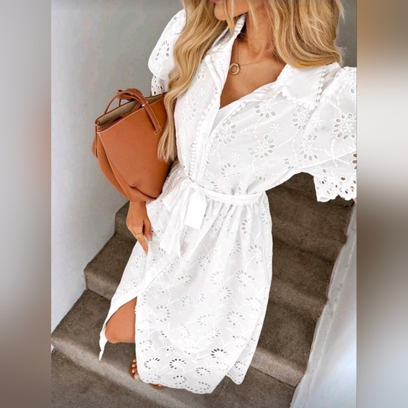 New Embroidered Eyelet Lace Tie Waist Midi Dress Short Sleeve White - Picture 4 of 11